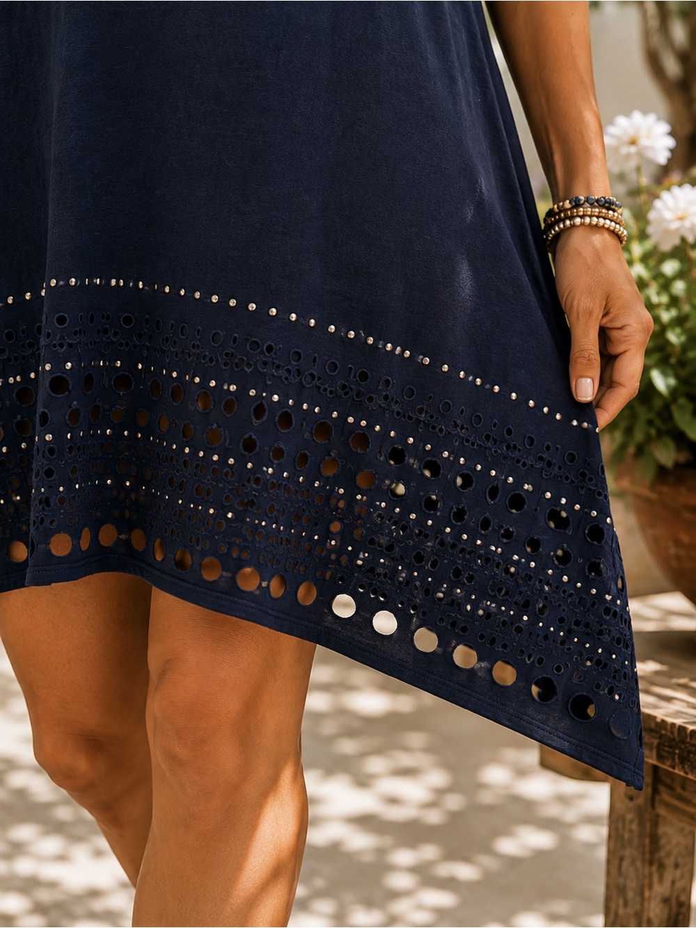 NEON BUDDHA Heartbeat Navy Studded Eyelet Asymmetrical Shift Dress L Lagenlook - Picture 6 of 16